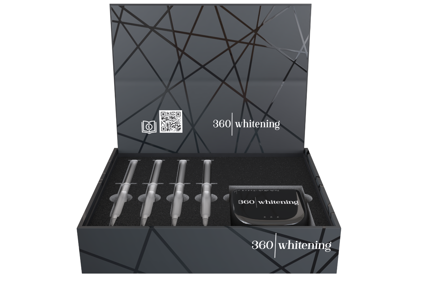 360 Whitening kit, open, gel syringes and trays visible